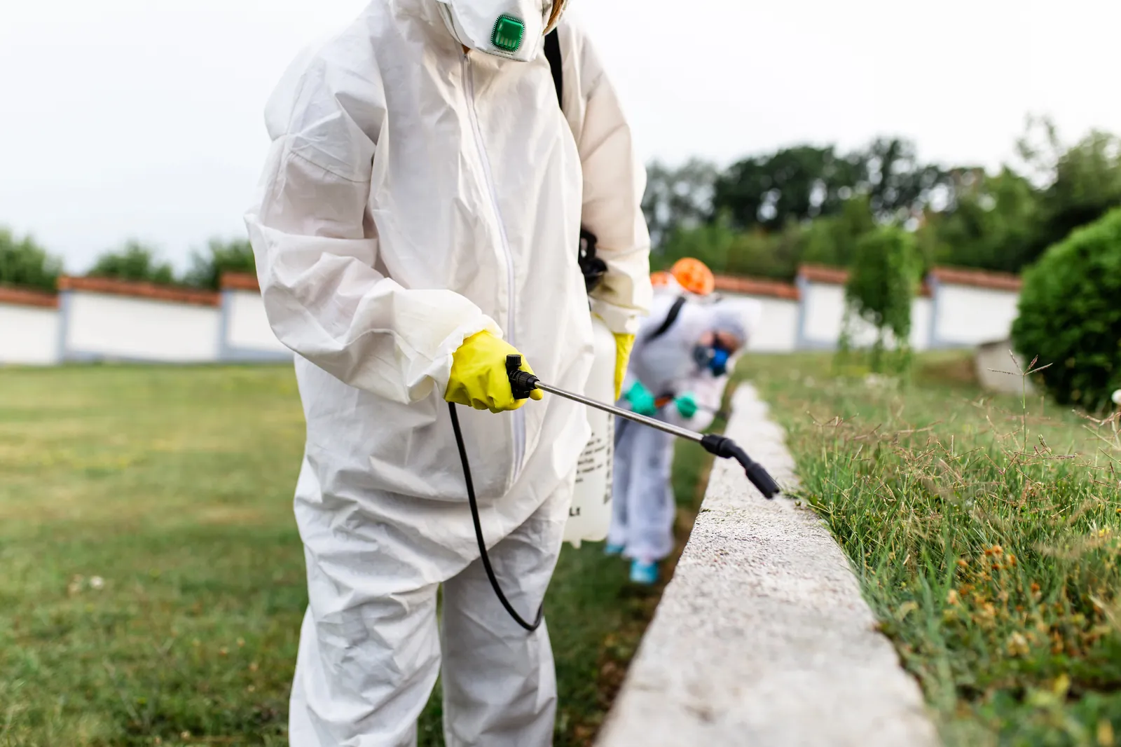 Pest control technician spraying treatment along the outside of a home